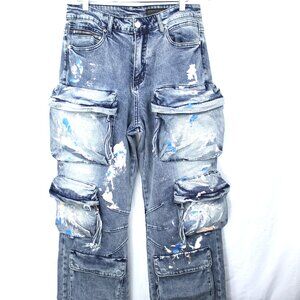 Rockstar Original Lenz Men's Baggy Cargo Blue Paint Distressed Grunge Jeans 32